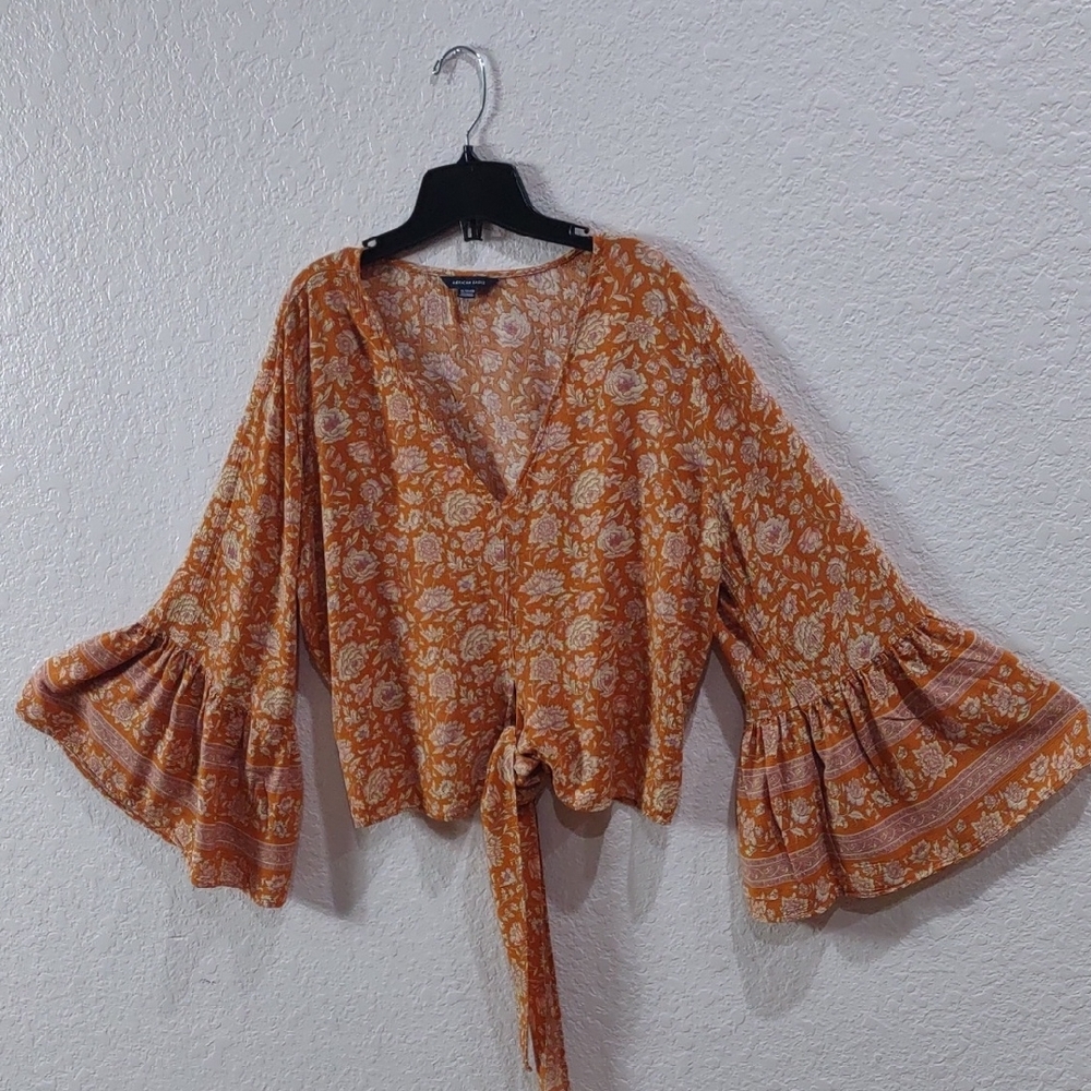 American Eagle Floral Orange Women's Top - Picture 5 of 16